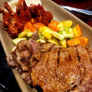 The steak was seasoned perfect and the shrimp were so good with a mild, wonderful, heat!