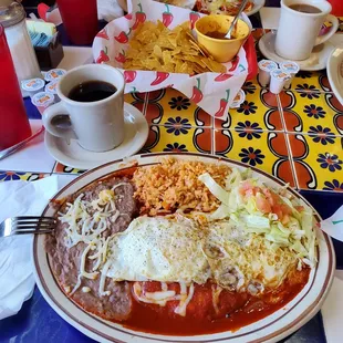 Enchiladas with eggs and coffee
