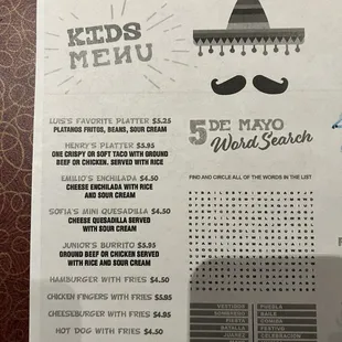 Kids menu