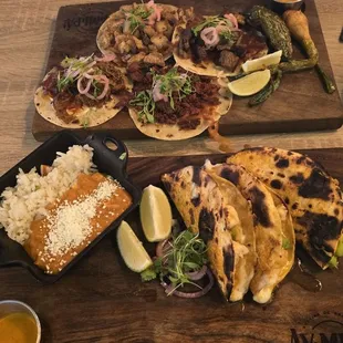 Shrimp tacos and sampler tacos. Please refer to the menu for actual names.