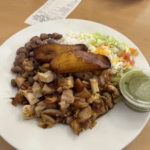 Chicken bowl, pinto beans, rice, plantains
