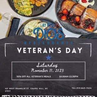 Come celebrate Veterans Day with us! Honoring those who served: 50% off all veterans meals!