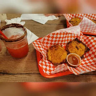 a basket of food and a drink