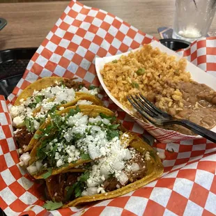 Birria tacos, beans and rice!