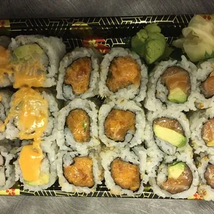 3 roll lunch. Spicy California, spicy salmon, salmon avacado