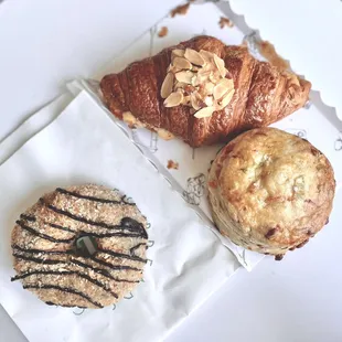 Samoa cake, almond croissant, scallion cheddar biscuit