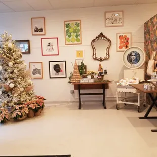 a decorated room with a christmas tree