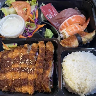 Tom Katsu/assorted nigiri bento box