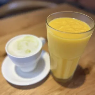 Matcha latte &amp; Orange, mango, banana, passion fruit smoothie IG: @mags.foodie