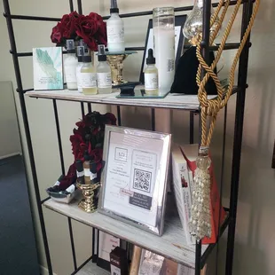 Entry hall setup station with natural oils, lotions, and skin care products