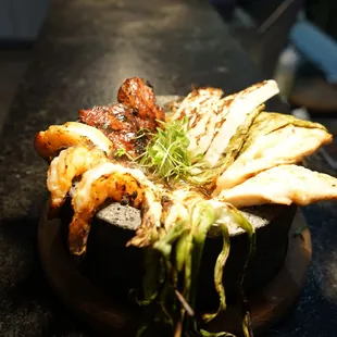 AyAyAy! Molcajete
Carne Asada, Chicken Breast, Shrimp, Cactus, Green Onions, Stuffed Peppers, Grilled Panella, Molcajete Salsa