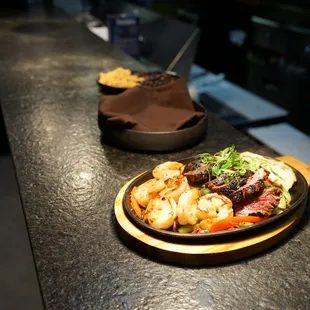 Hanger Steak, Chicken Breast, Shrimp Fajitas