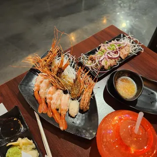 Amaebi (sweet shrimp): typical, but fresh. Eat the deep fried head, 8/10!  Steak tataki: good &amp; usually not offered for ayce spots, 7.5/10.