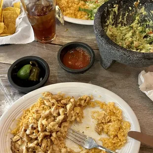 Fresh guacamole, chips and salsa, lunch A.C.P and Pollo Loco