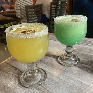 Classic Margarita on left and Breaking Bad Margarita on right( green )