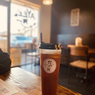 a cold beverage on a table