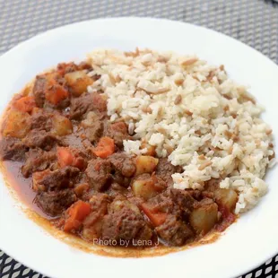 Braised beef ($20.95) with rice and orzo. Great!