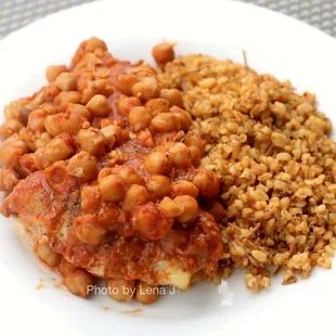 Chicken with chickpeas ($17.95) with bulgur pilaf. Great!