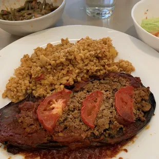 Lamb-stuffed eggplant w/bulgurpilaf
