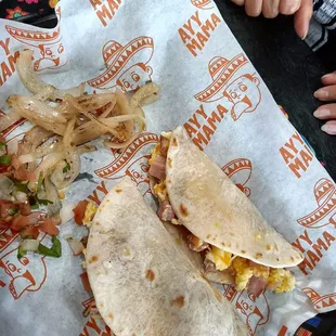 Breakfast tacos bacon and ham