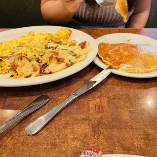 Veggie scramble, home fries, buttermilk pancake.