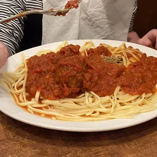 Kids menu spaghetti and meatballs. The portion is huge and could feed 2 kids.