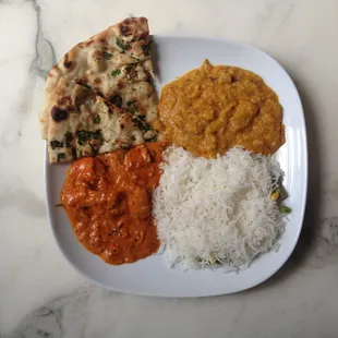 Garlic naan, dal tadka, rice and chicken tikka masala (carryout recommended)
