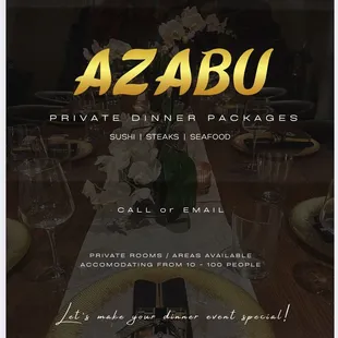 Let us host your next celebration 
Custom packages available 
Vegan &amp; Omakase available