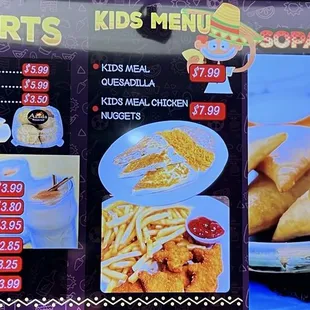 Dessert and kids menu