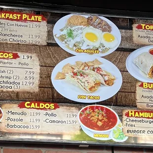 Breakfast, lunch, and dinner menu.