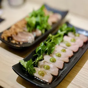 Yellowtail Jalapeno Yuzu Sashimi x8pc, Albacore Crispy onion Sashimi x8pc
