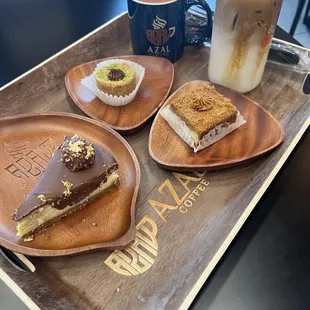 three desserts on a tray