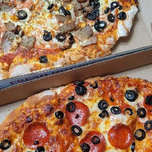 Greek Pizza on top, pepperoni and olives on the bottom.
