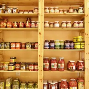 a shelf full of food