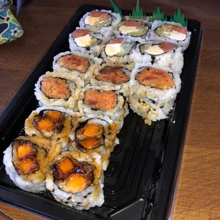Sweet potato roll, spicy tuna roll, Philadelphia roll