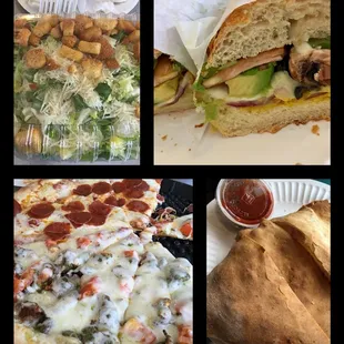 CW: Family size salad, Veggie sandwich, Calzone, XL pizza w half pepperoni half veggie