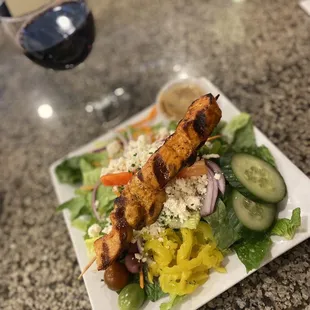 Greek side salad with salmon skewer!!! Amazing!!!!