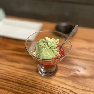 Matcha ice cream with strawberry purée