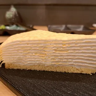 Vanilla crepe cake. Other flavor choices include Strawberry and Green Tea. Daily Dessert could change.
