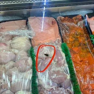 A live fly amongst others in the meat cooler unit.
