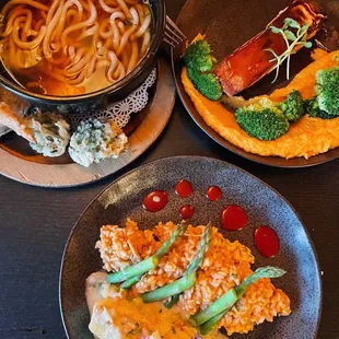 Tempura Udon (top left), seared halibut (middle), farm raised salmon teriyaki (top right)