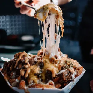 a person holding a fork with cheese on it