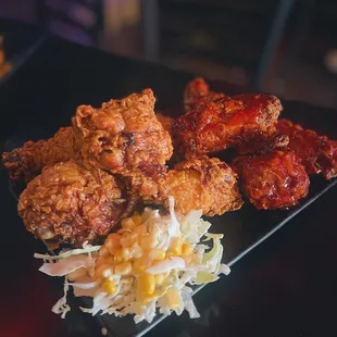 Korean Fried Chicken - soy garlic (left) and hot and sweet (right)