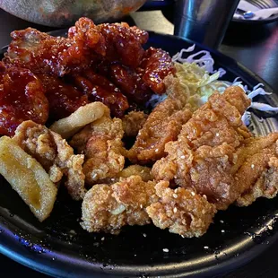 Bone-less Korean chicken: hot and sweet, soy garlic and fried rice cake