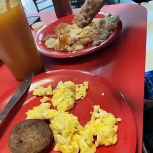2 Eggs Breakfast with sausage and a pancake