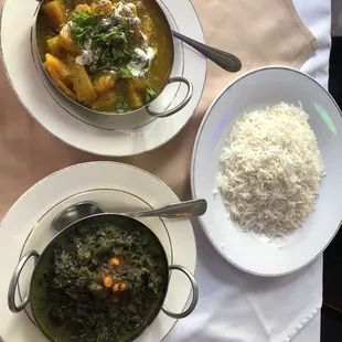three plates of food on a table