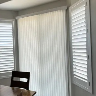 Shutters and vertical honeycomb in Sahuarita Arizona. Options include; 2" linen fabric with aluminum valance. Shaker frame for shutters.