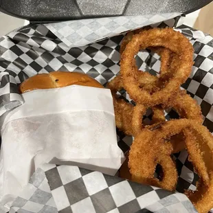 Mushroom Swiss Burger and Onion Rings