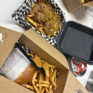 SmashBurger with fries and ordered side of Chili Cheese Fries