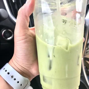 Delicious iced matcha tea with almond milk